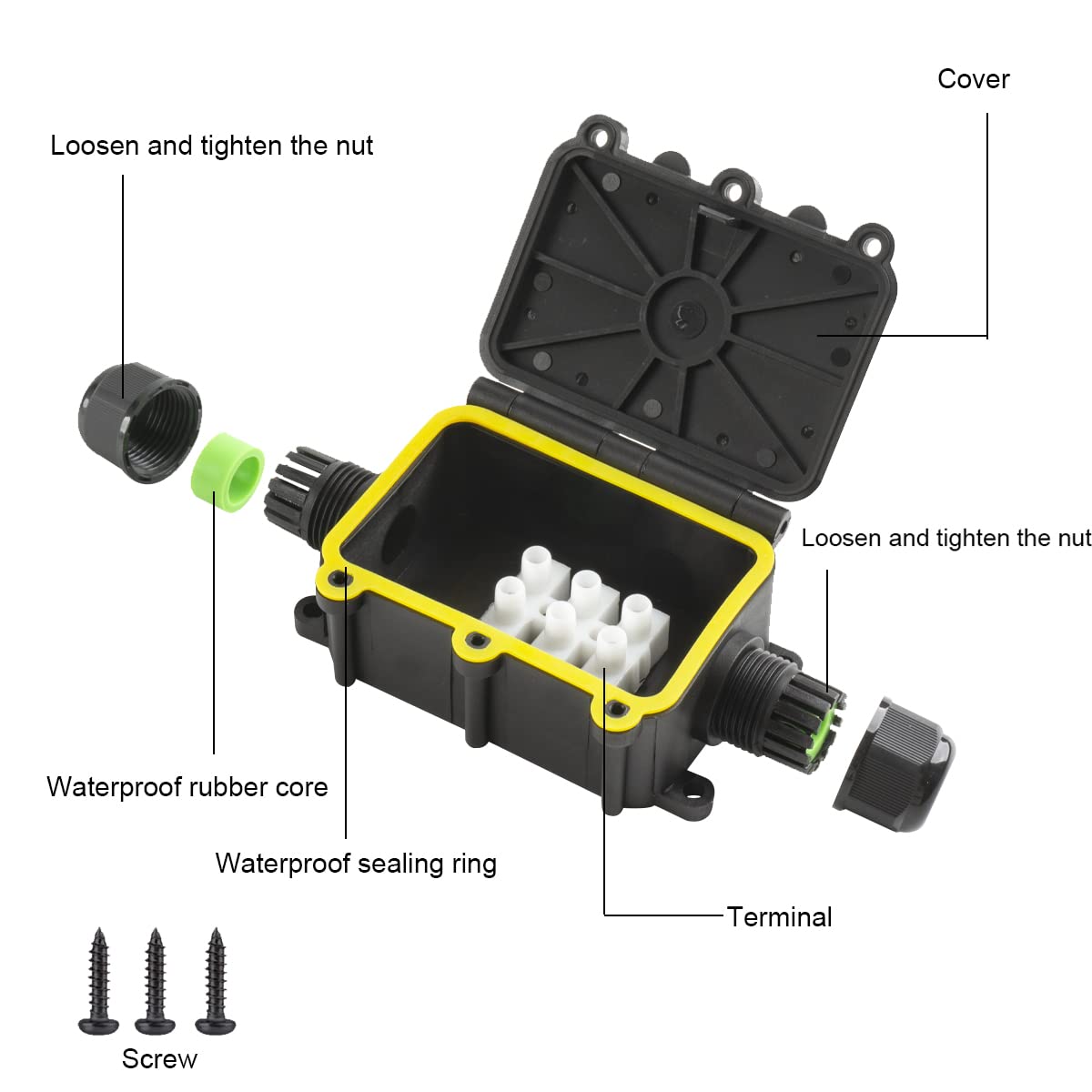 COMOPEZ 2Way Underground Electrical Junction Box IP68 Waterproof Plastic Black Junction Box with Three-Position Terminal Block for 5-9/9-12MM, 2Piece