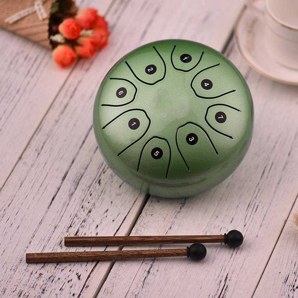 Bloepum 5.5 Inch Mini 8-Tone Steel Tongue Drum C Key Percussion Instrument Hand Pan Drum with Drum Mallets Carry Bag,Green