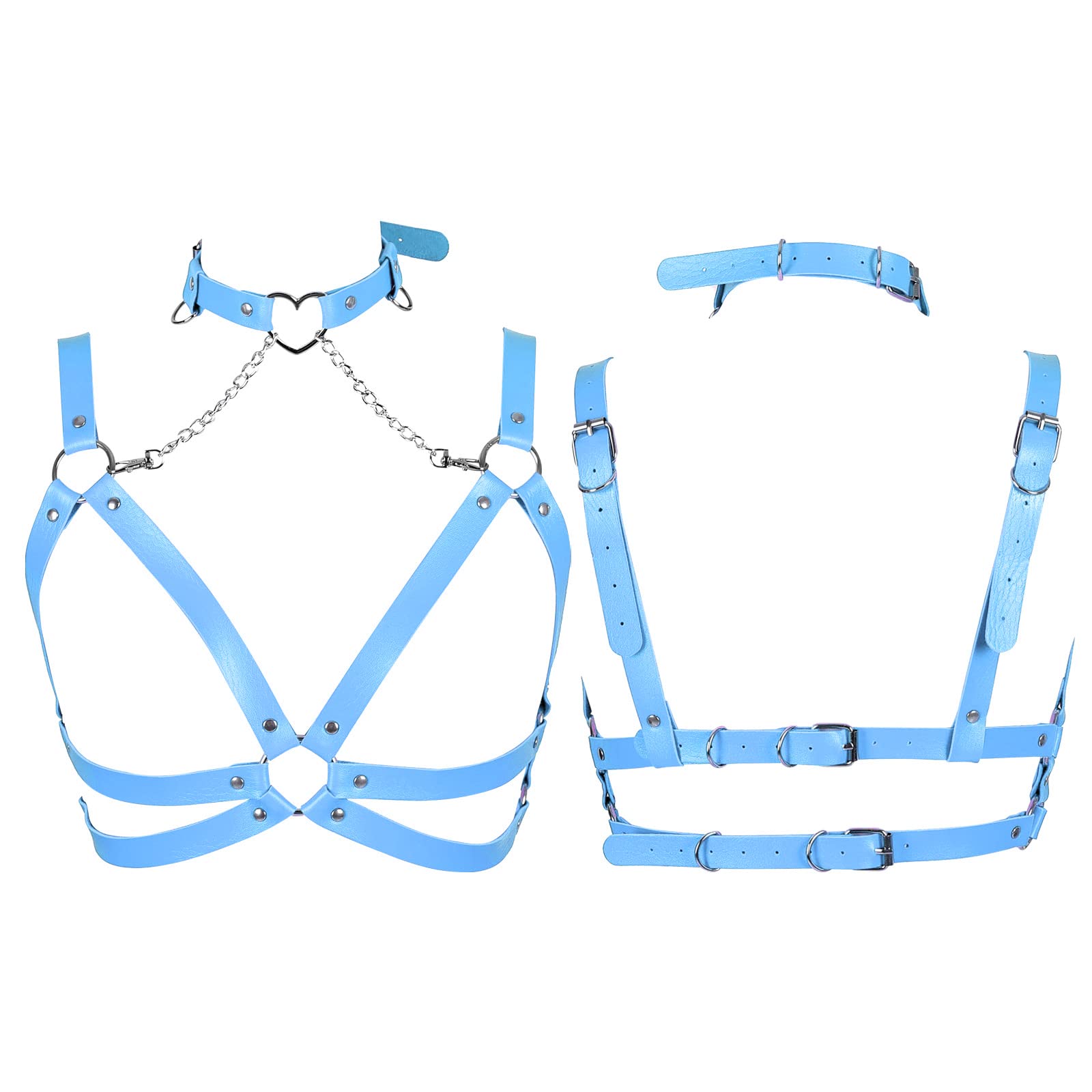 Lingerie cage Chest strap Leather Bra Body chain harness for women Punk Festival rave Dance Rock Photography Waist belt: Sky Blue