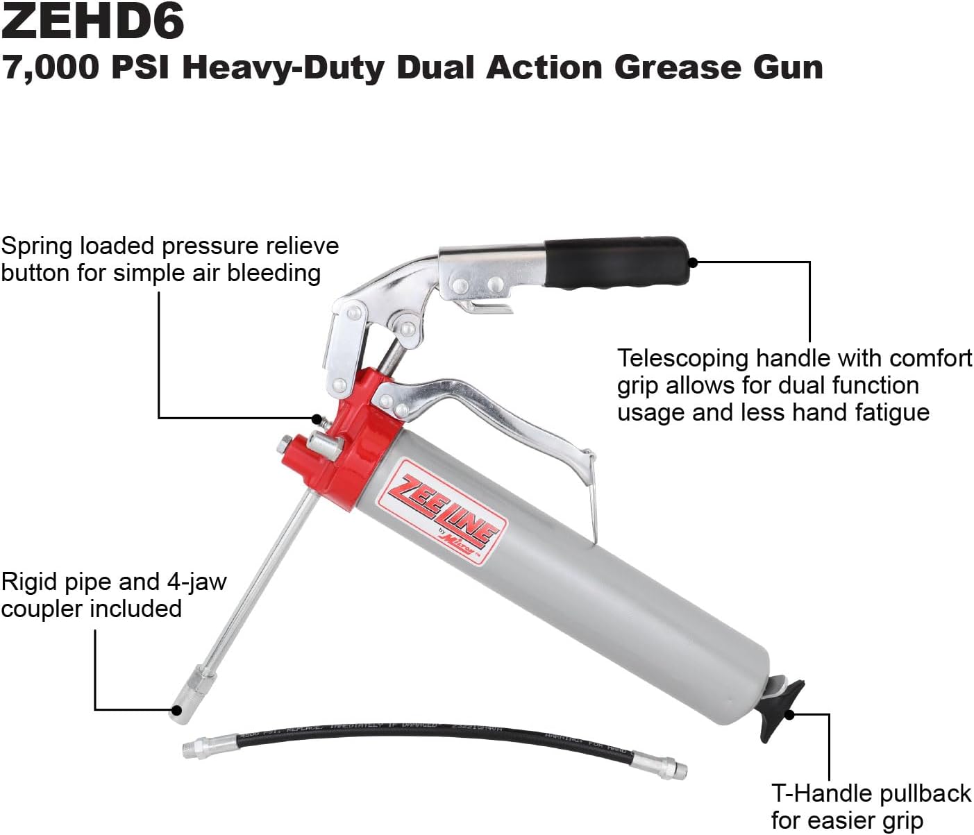 ZEELINE BY MILTON Grease Gun Kit, Heavy Duty Pistol Grip Grease Gun, 7000 PSI - 12" Reinforced Flex Hose, 7" Rigid Extension, 2-Way Loading-14 oz. Cartridge & Bulk Fill