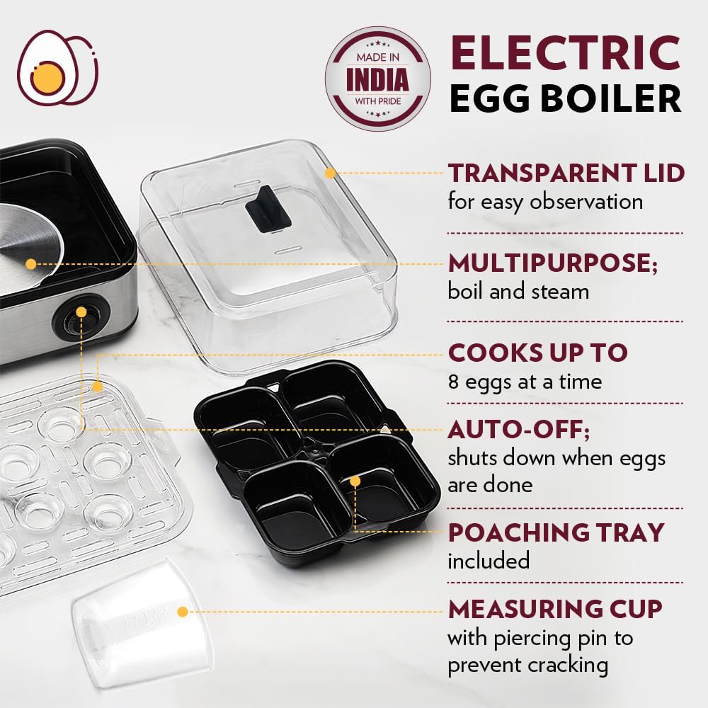 Borosil Electric Egg Boiler, 8 Egg Capacity, For Hard, Soft, Medium Boiled Eggs, Steamed Vegetables, Transparent Lid, Stainless Steel Exterior
