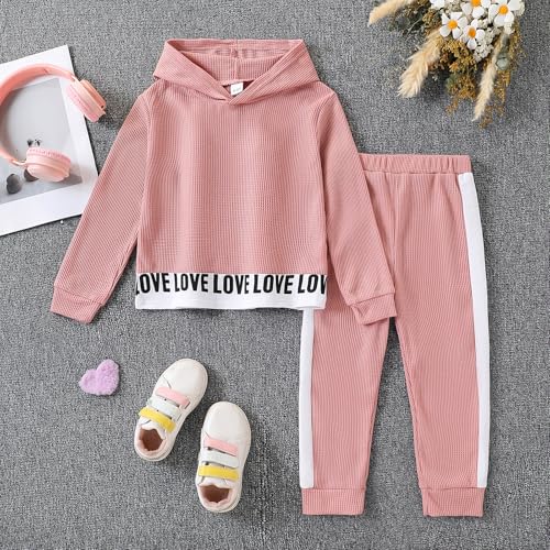 Image of Toddler Kid Girls Clothes Ribbed Color Block Long Sleeve Hoodie Sweatsuit Set Fall Outfits