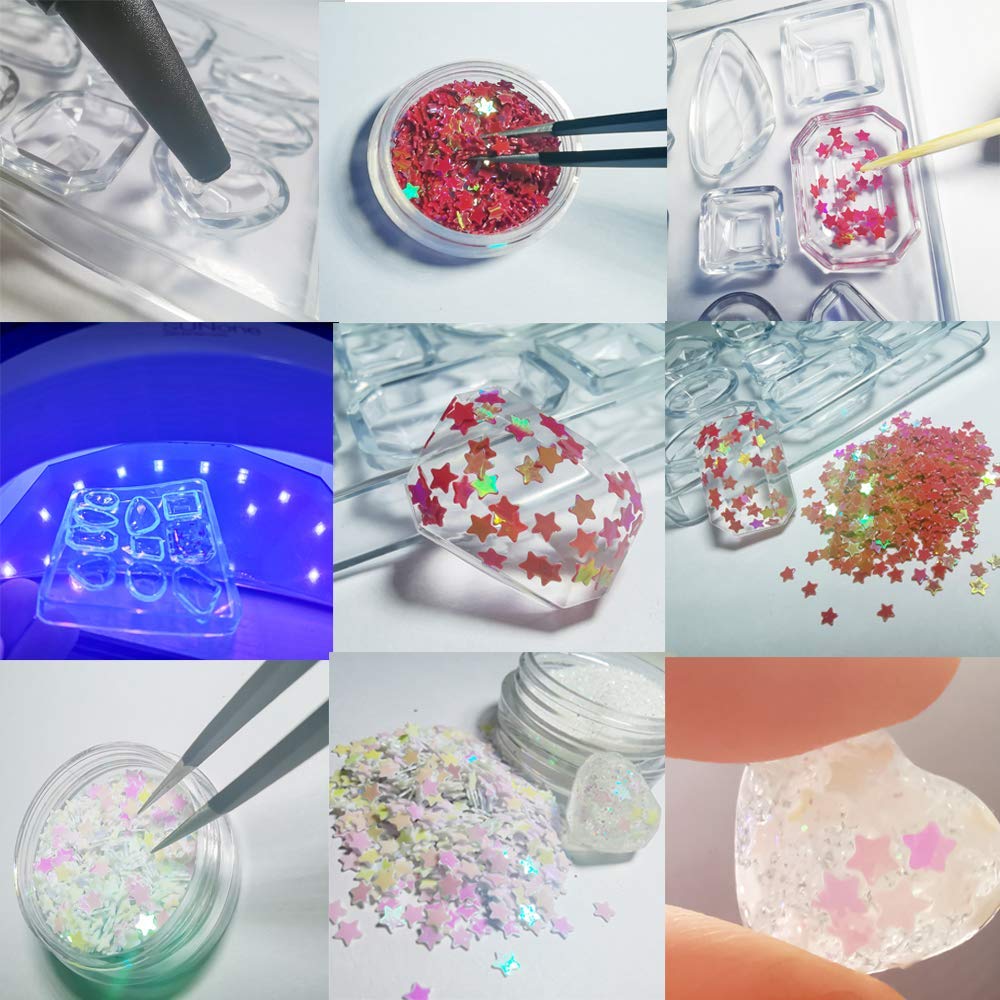 Resina UV Trasparente Kit 14 stampi per Pendenti Orecchini collane bracciali Anelli + pinzette Lampada + 48 Decorazioni Brillanti Conchiglie Glitter Fiori per creazione Gioielli Artigianali