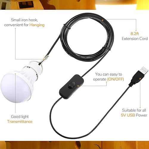 Miniatura 3 de Tuanse 3 bombillas LED USB, luces de campamento portátiles de 5 W con cable divisor USB de 1 a 3, cable de 8.2 pies de longitud extra para tienda de