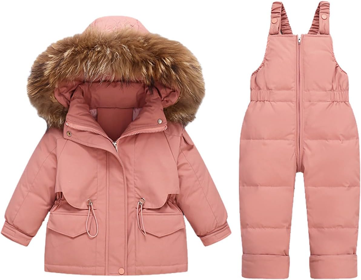 Baby Girls Two Piece Winter Warm Hooded Snowsuit Puffer Down Jacket with Snow Ski Bib Pants Outfits