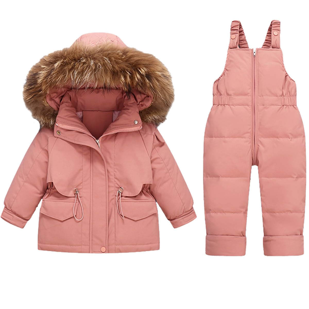JELEUON Baby Girls Two Piece Winter Warm Hooded Fur Trim Snowsuit Puffer Down Jacket with Snow Ski Bib Pants Outfits