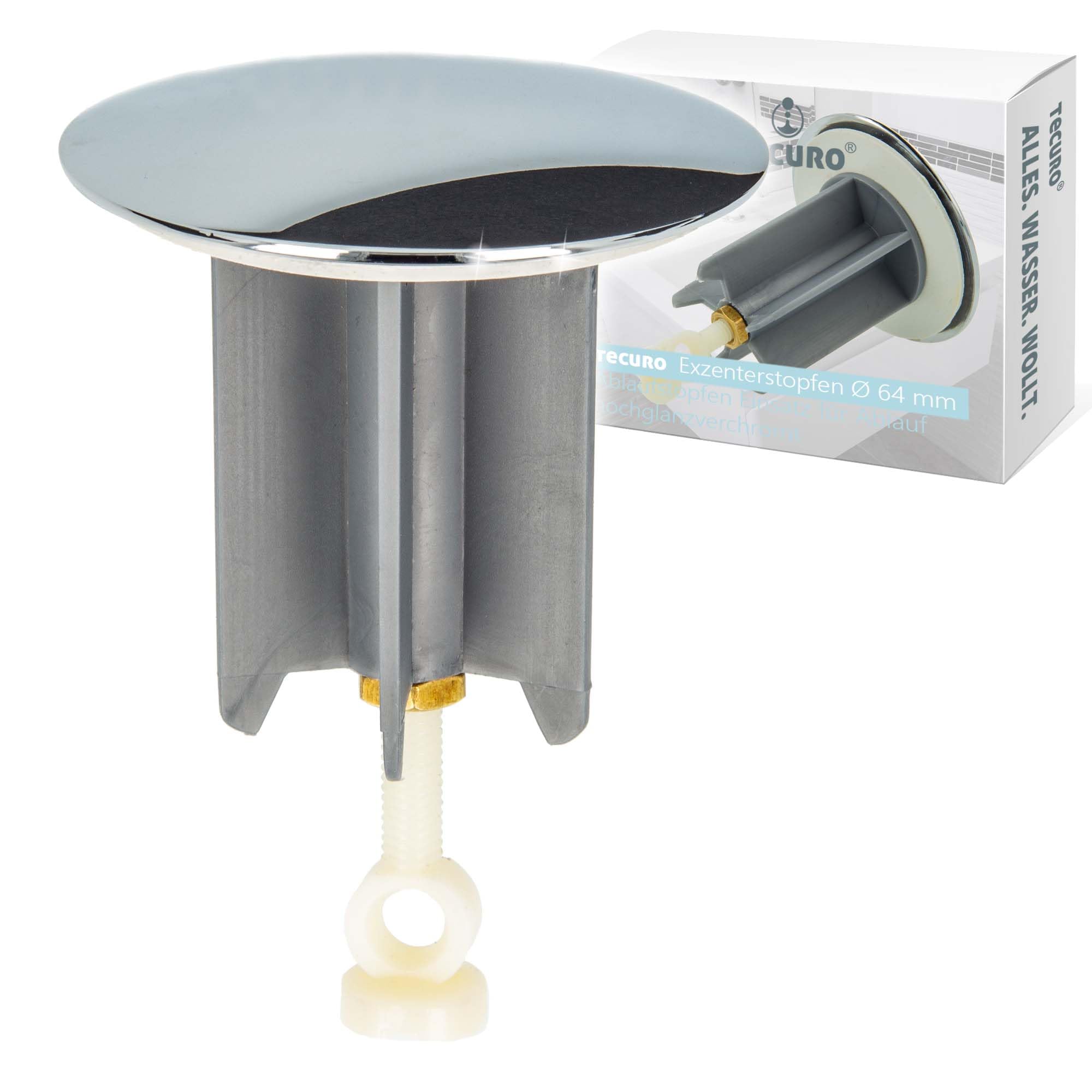 Tecuro Silver Universal High-Gloss Chrome-Plated Washbasin Plug For Drain And Overflow Fittings Made Of Brass And Plastic Diameter 64 Mm