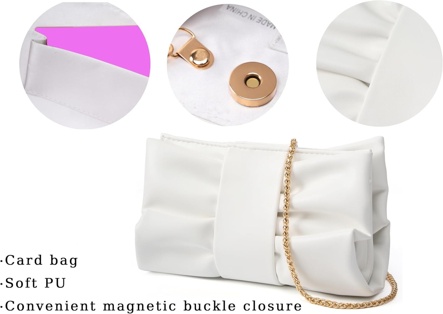 Women Clutch Bag Dressy Formal Handbag Pleated PU Clutch Purse Detachable Chain Crossbody Bag