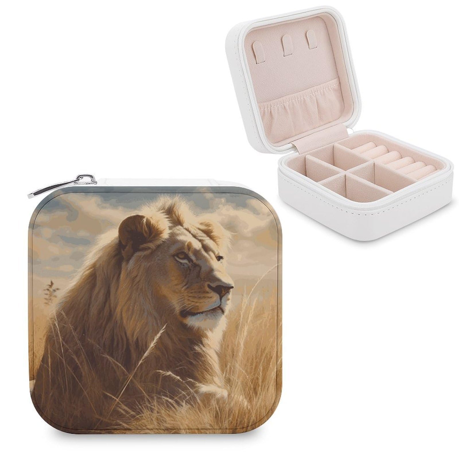 JTREHY Travel Prairie Lion Jewelry Case Portable Display Storage Box PU Leather Mini Jewelry Travel Case Personalized Travel Jewelry Organizer Small Jewelry Box for Women
