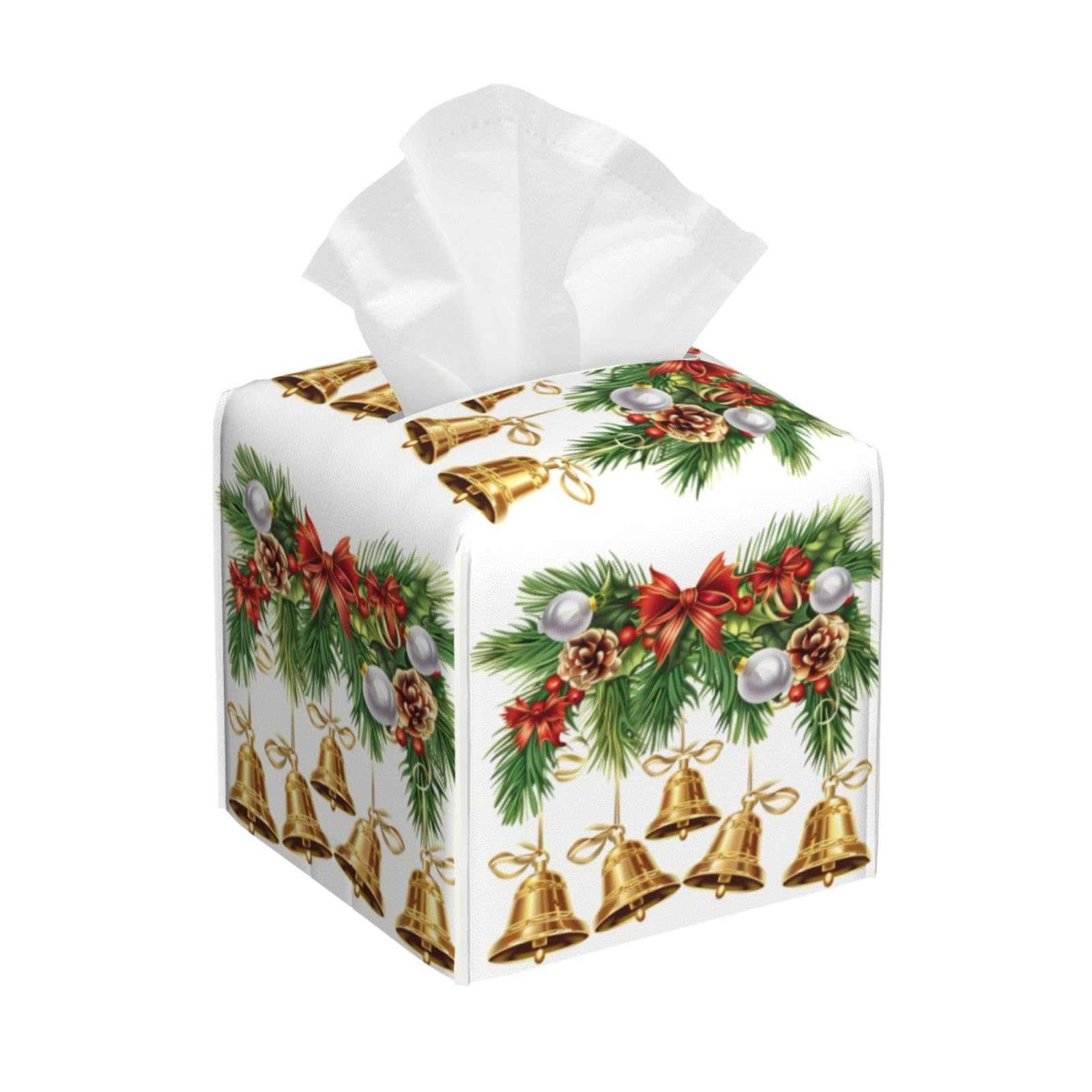 Square Tissue Box Cover, Leather Tissue Cube Box Holder, Jingling Bell Chritmas Pine Tree Facial Paper Case for Tabletop, Bathroom, Car, Office 5.2"x5.2"x5.2"in