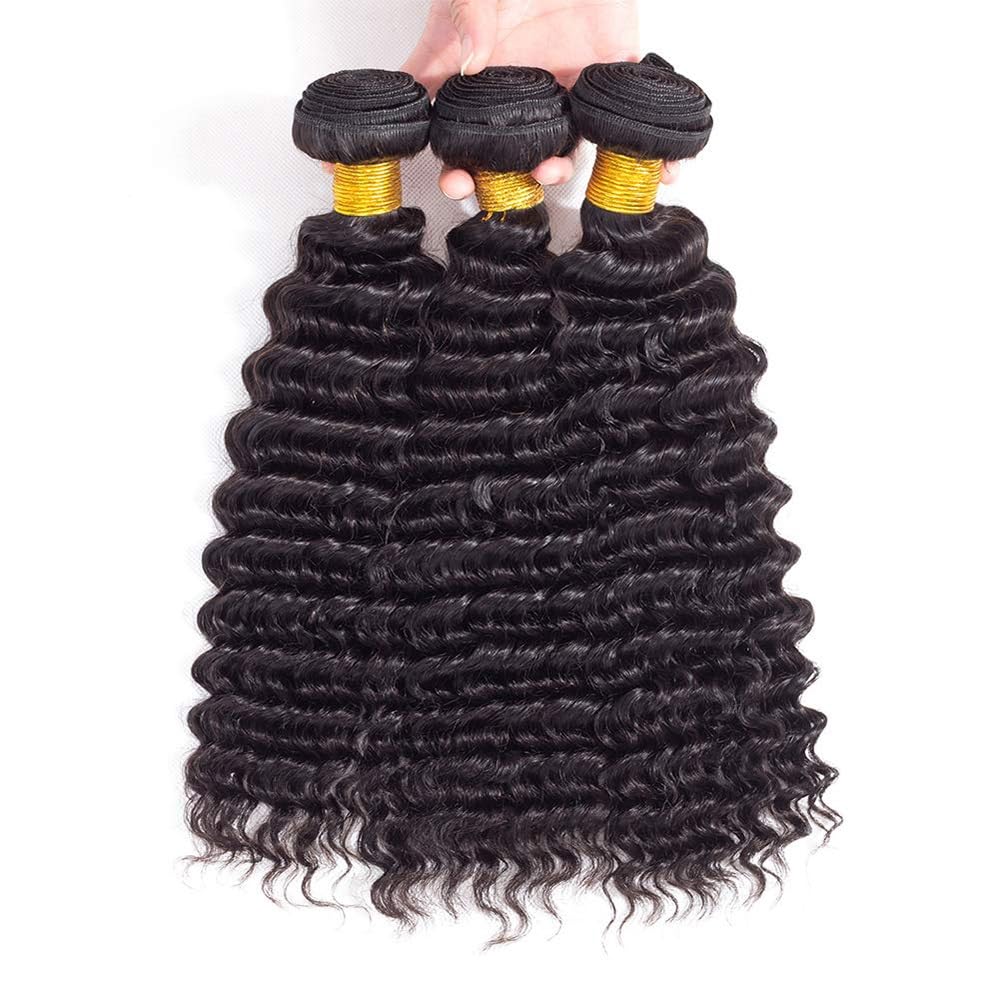 #1B Natural Black Bundles Human Hair Extensions Deep Wave Brasilien Extension Cheveux Unprocessed Brazilian Virgin Hair Weave 3 Bundles Total 300g For Waman 20 22 24 Inch