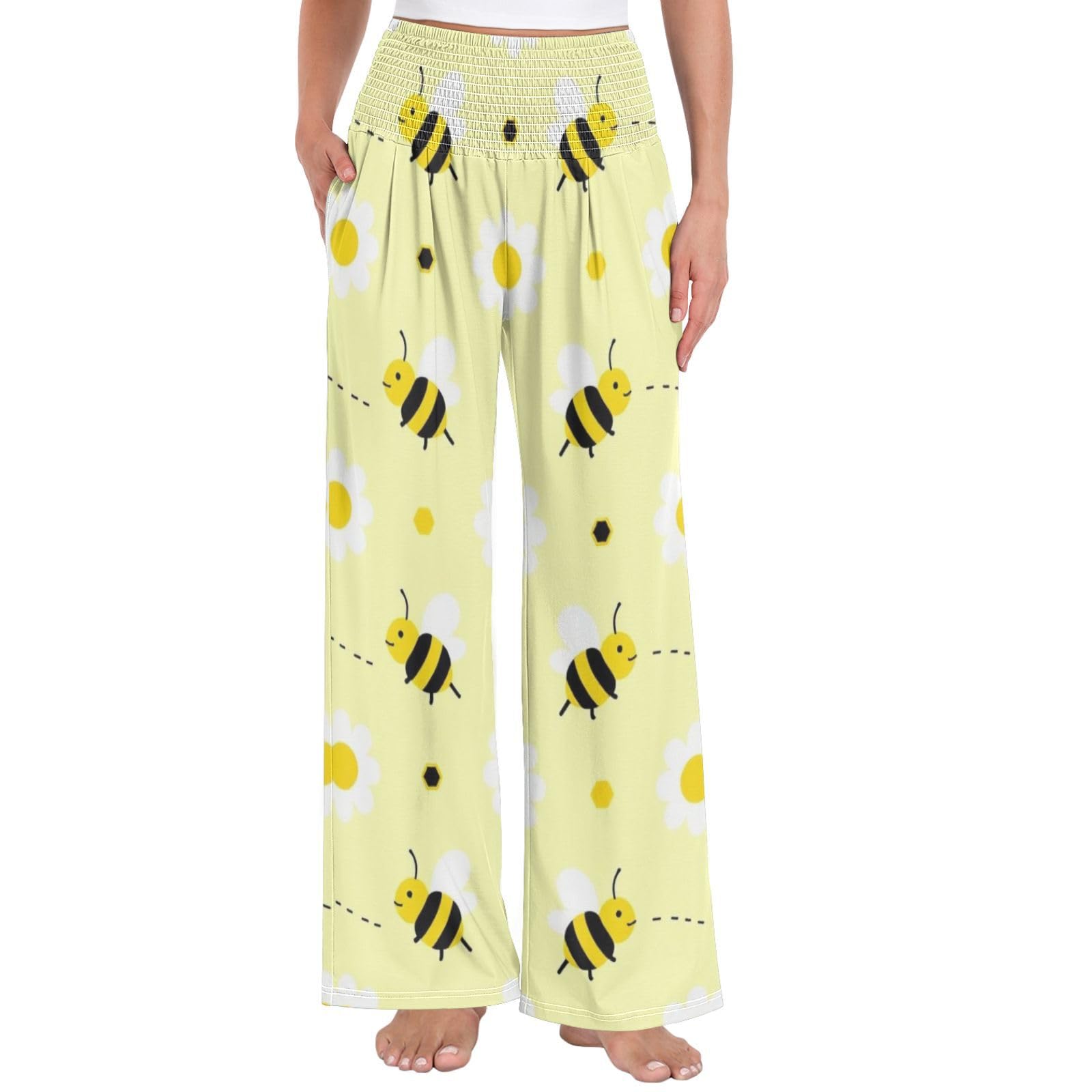 Bee Daisy - Pantalones de pierna ancha para mujer, ligeros, elásticos, informales, ropa de descanso
