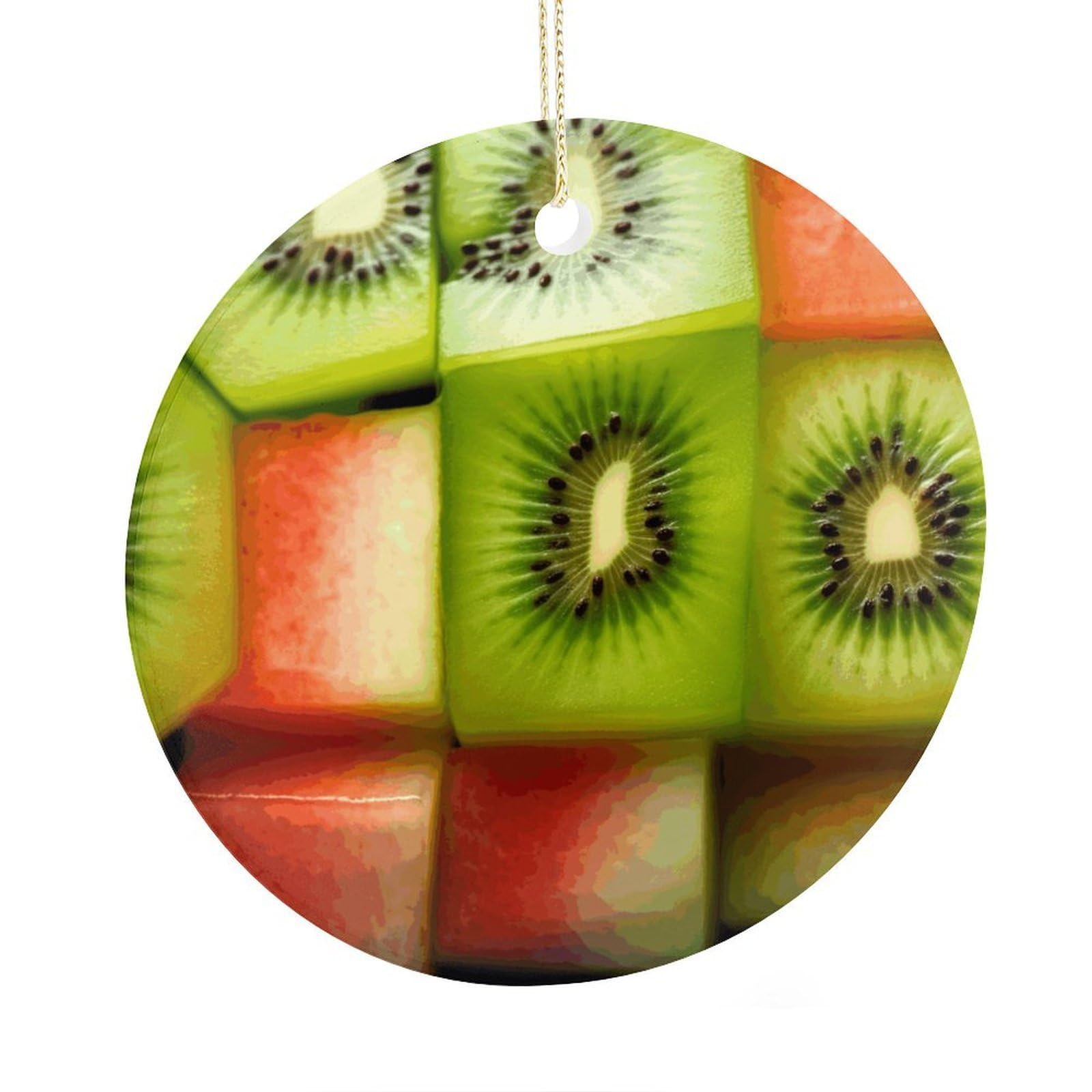 Fekiloot Style Kiwi Watermelon Christmas Ornaments 2.9 Inch Round Ceramic Ornament Keepsake Thank You Gifts For Office, Room, Home - Holiday Present Ideas