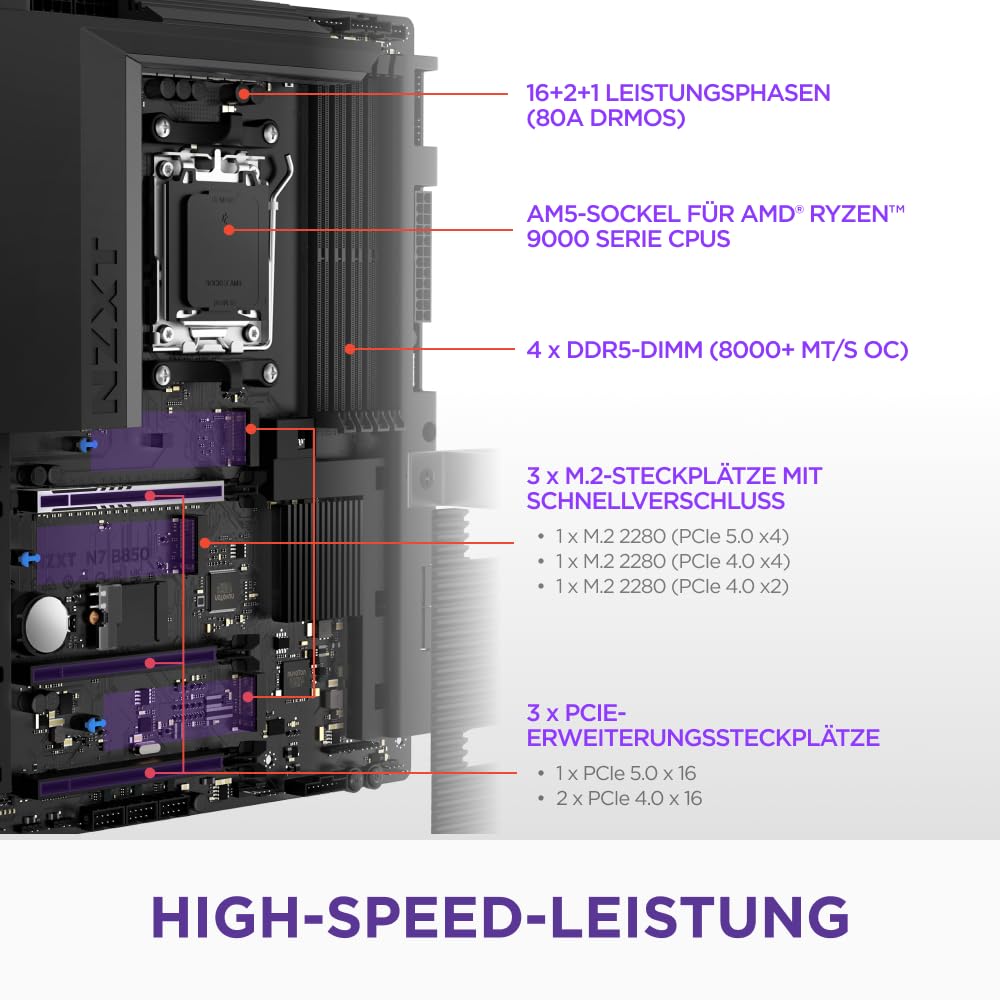 NZXT N7 B850 - AMD B850 AM5 ATX Mainboard - Schwarz | AMD-B850-ATX-Mainboard für Ryzen 9000/8000/7000. Wi-Fi, PCIe 5.0, DDR5 und RGB-Full-Cover. Mittelklasse-Power, cleaner Look.
