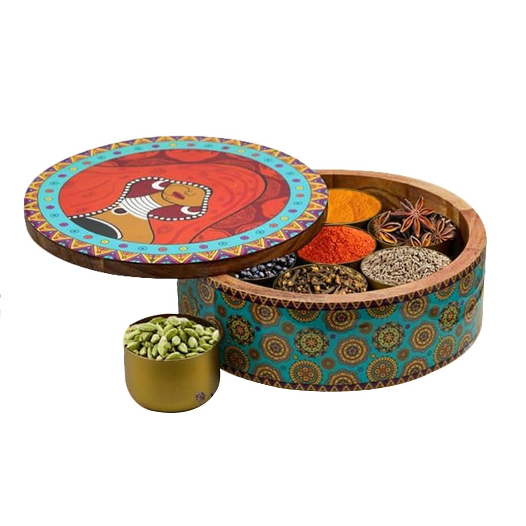 HOMEPRIVILEZ “Classic” Wooden Spice Box/Masala Dabba/Masala Dani Set for Kitchen with Printed Ethnic Design on Wood with Seven Gold Steel Spice Jars – 8 Pcs set (9 inch Dia, Red) (B0C9TH6TMR) Amazon Price History, Amazon Price Tracker