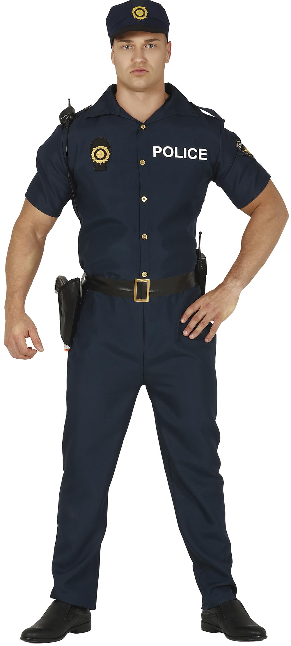 FIESTAS GUIRCA Police Hero Blaues Polizei Kostüm Herren – Polizei Uniform Herren mit Polizeimütze – Fasching Karneval Polizist Kostüm Herren Größe S 46-48, Blau