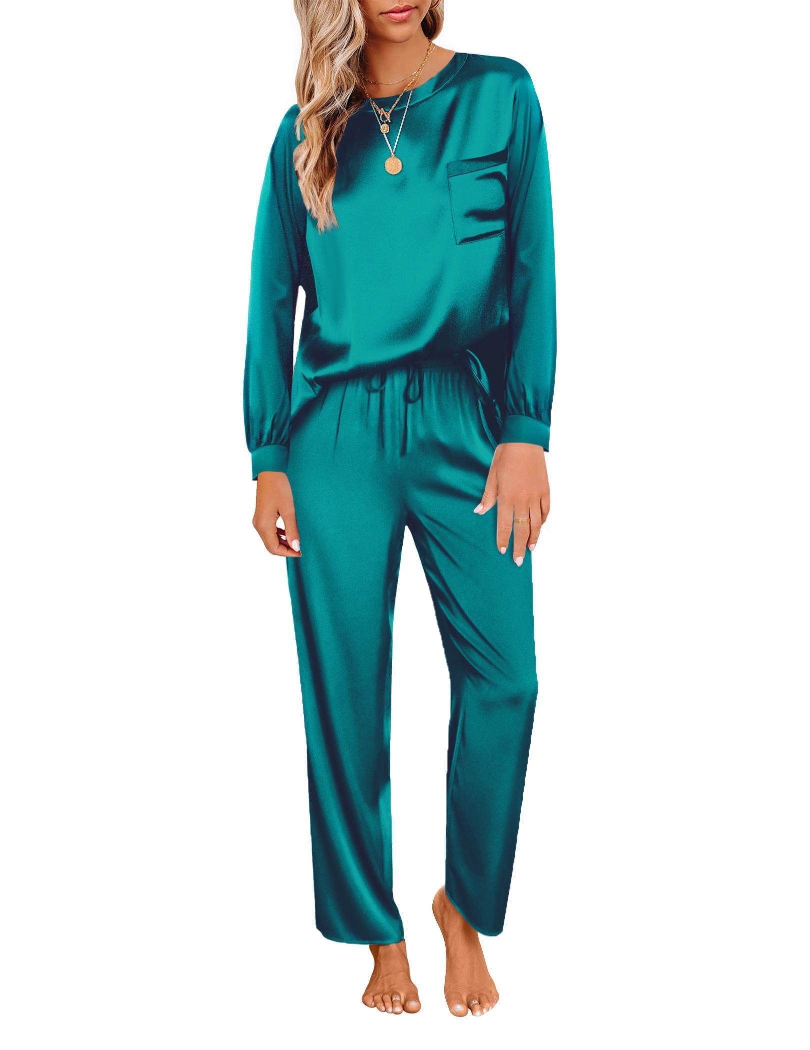 Ekouaer Womens Satin Silky Pajama Set Long Sleeve Top with Long Pajama Pant Set Soft PJ Loungewear
