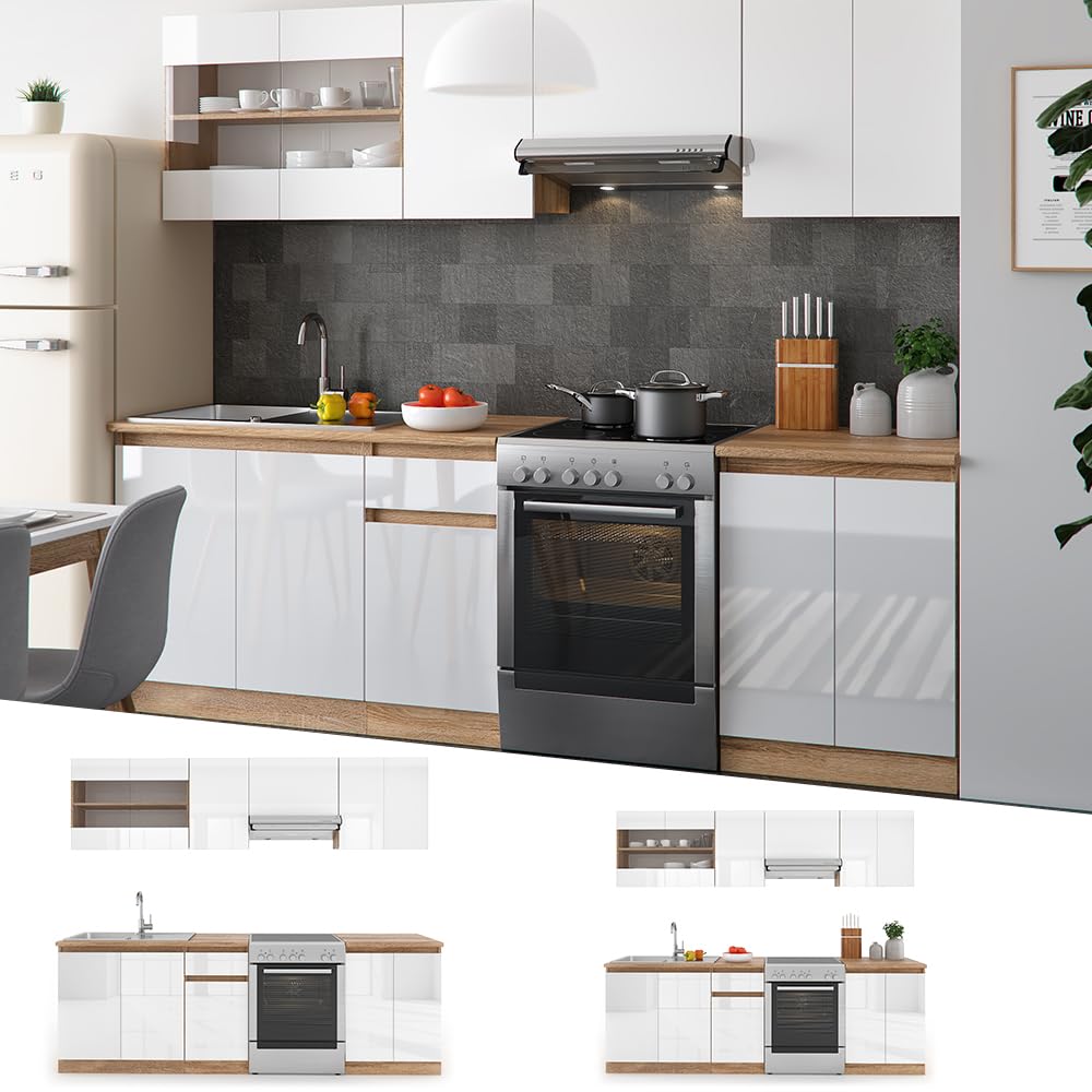 Vicco Cucina componibile Raul, Bianco lucido/bianco, 240 cm, PL Sonoma, con moduli posizionabili variabilmente e piedini regolabili in altezza