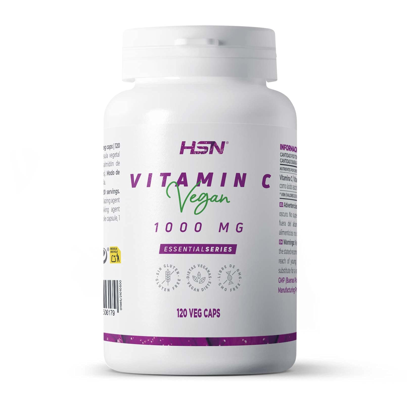 Vitamina C 1000 mg de HSN | 120 Cápsulas Vegetales 1 gramo por Toma de Pura Vitamina C como Ácido Ascórbico | Suministro para 4 Meses | No-​GMO, Vegano, Sin Gluten