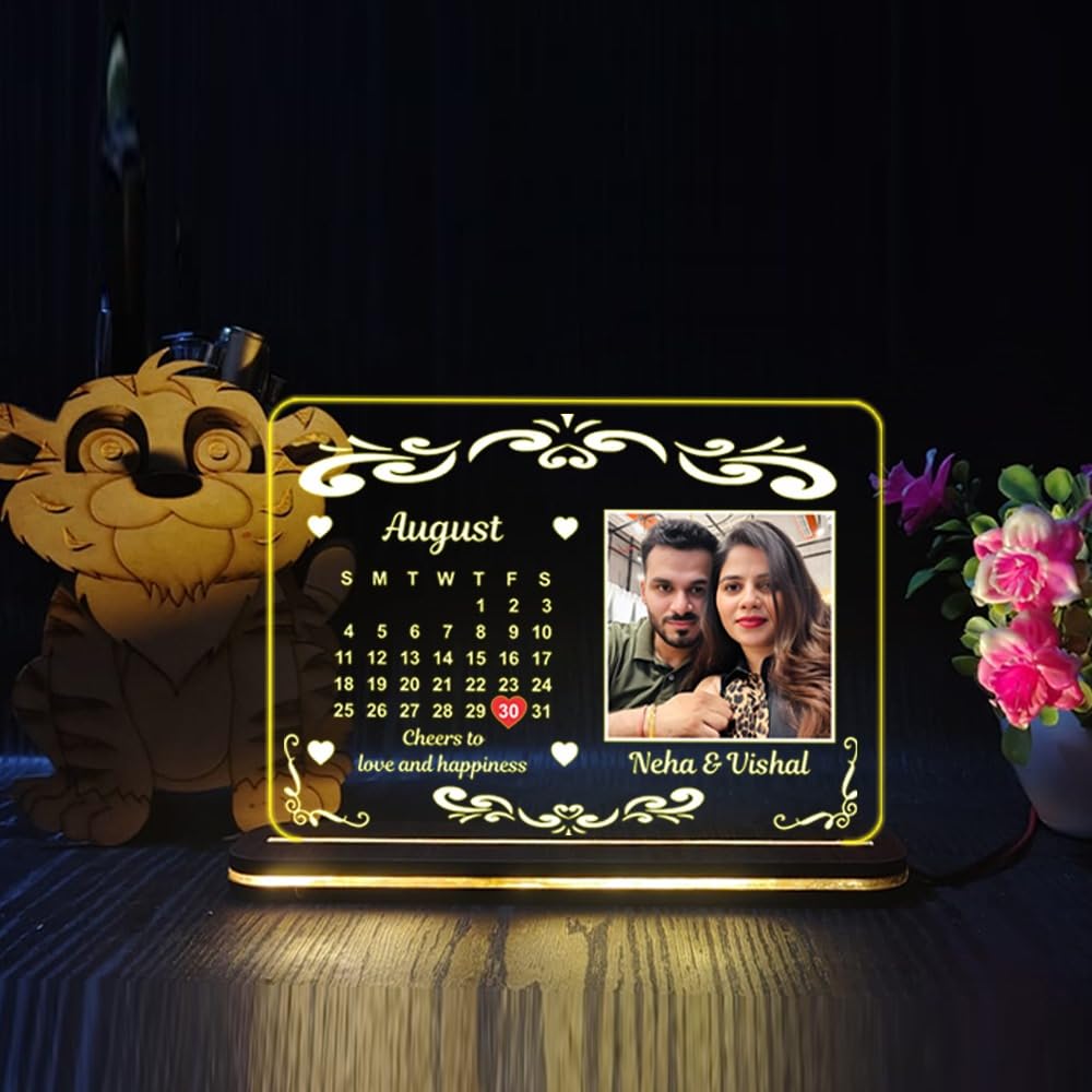 THE MAGICAL GIFTS Personalized LED Calendar Photo Frame Transparent Acrylic Night Lamp with Custom Picture Date Highlight Gift for Birthday Anniversary Room Decor 6x8 Inch
