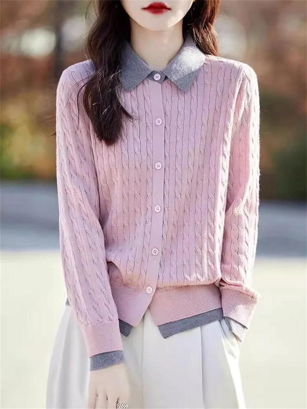 Women's Knit Button Patchwork Sweater Casual Cable Knit Long Sleeve Tops