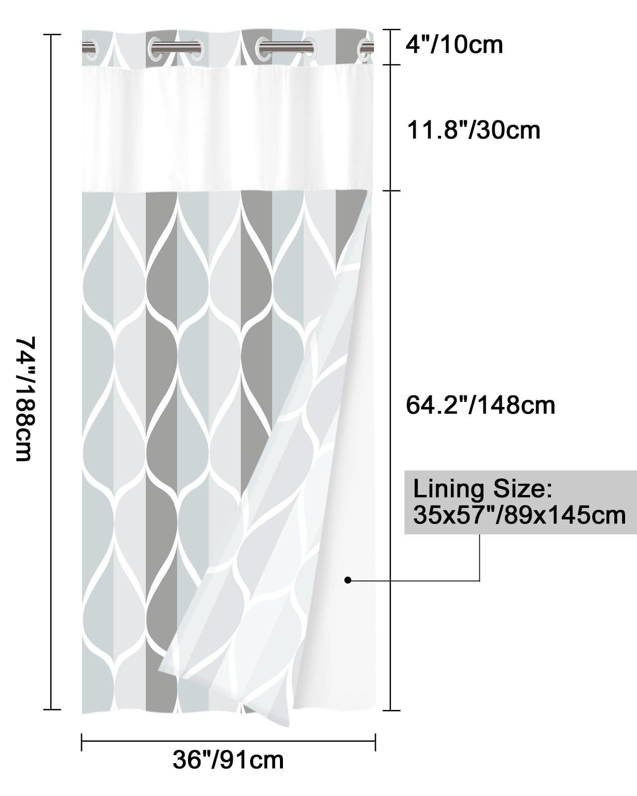 Yiatn Petit Rideau de Douche Gris sans Crochet avec Doublure en Tissu à Clipser – Style hôtel avec fenêtre supérieure en Maille Transparente, Design géométrique Moderne en Forme de Goutte d'eau,