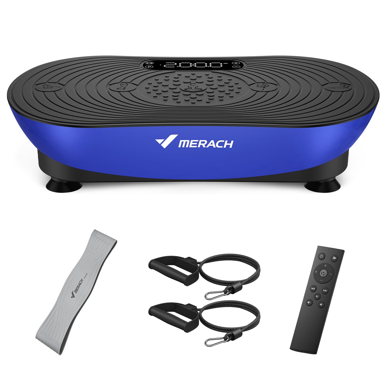 MERACH Vibrationsplatte Für Training Und Körperformung, Mit 99 Geschwindigkeitsstufen, Integriertem Bluetooth-Lautsprecher, Led-Touchscreen Und Elastischen Zugschnüren (Blau)