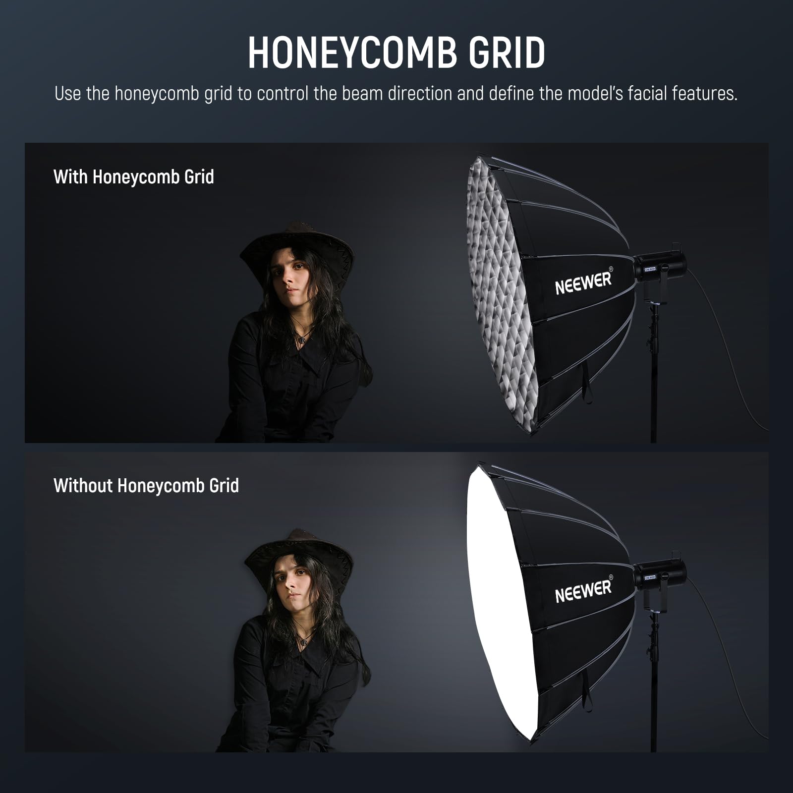 NEEWER Paraboliczny zestaw softbox, 120 cm, z dyfuzorami światła, do fotografii studyjnej, nagrywania wideo, strumieniowego oświetlenia, kompatybilny z Aputure 120D, kompatybilny z Godox SL60w, NS73P