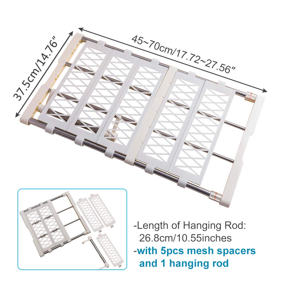 BAOYOUNI Expandable Closet Shelf Rod Clothes Storage Rack Organizer Separator Space Saving with 5 Mesh Spacers and 1 Hanging Rod, 17.72-27.56 in