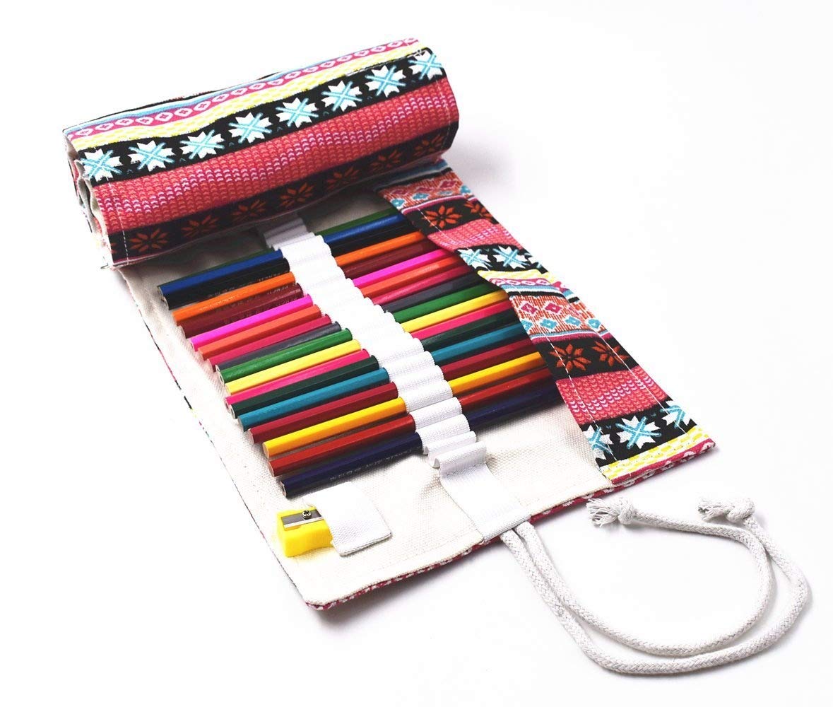 RayLineDo® 36 Holes Canvas Pencil Wrap Roll Up Pencil Case Pen Holder Bag Storage Pouch Pink Bohemia Style