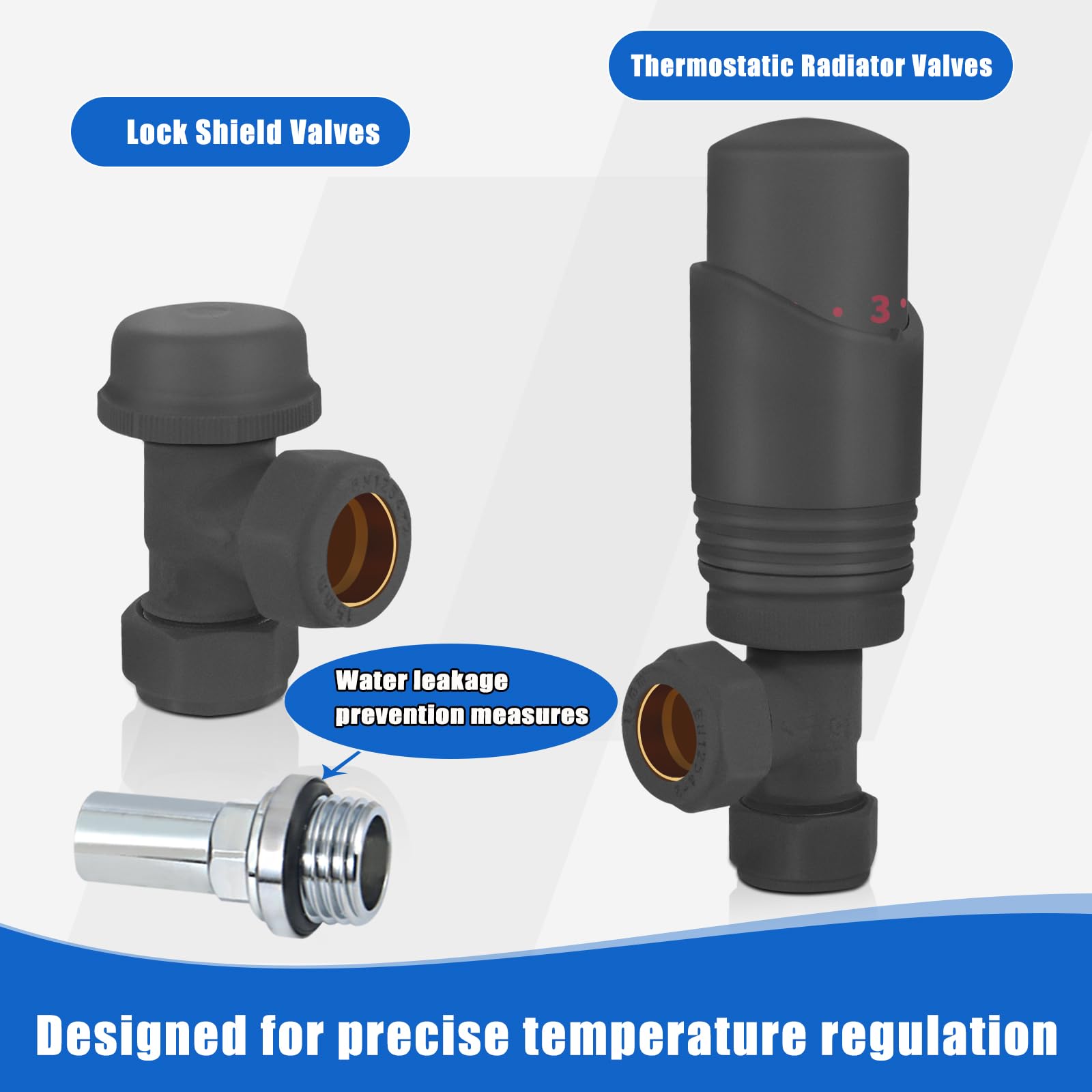 SVNR Thermostatic Radiator Valves (TRV), Textured Anthracite Grey, Angled Lockshield Valve, 15mm - Image 2
