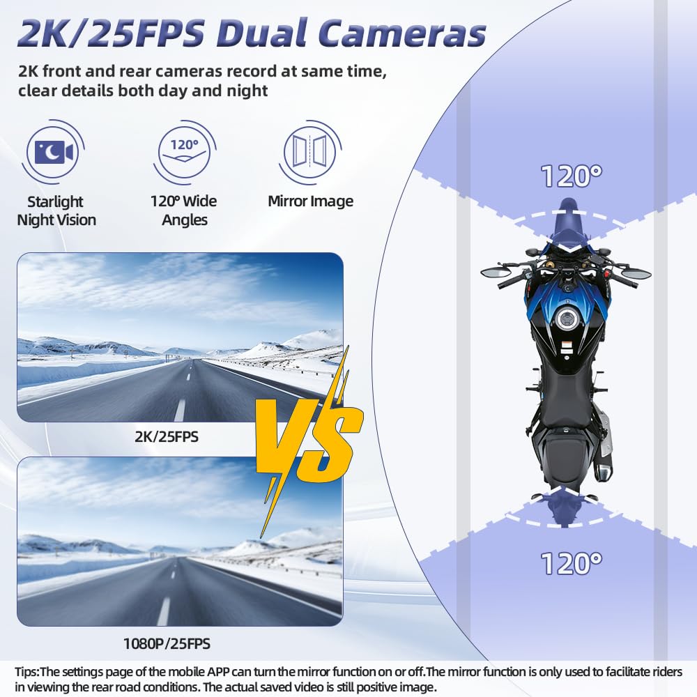VSYSTO Q3L 2K Caméra Embarquée Moto Double Caméra Avant et Arrière 2K, WiFi 5G, Vision Nocturne Starlight, Étanche, Télécommande Filaire avec LED, Mode Parking, Jusqu'à 512 Go
