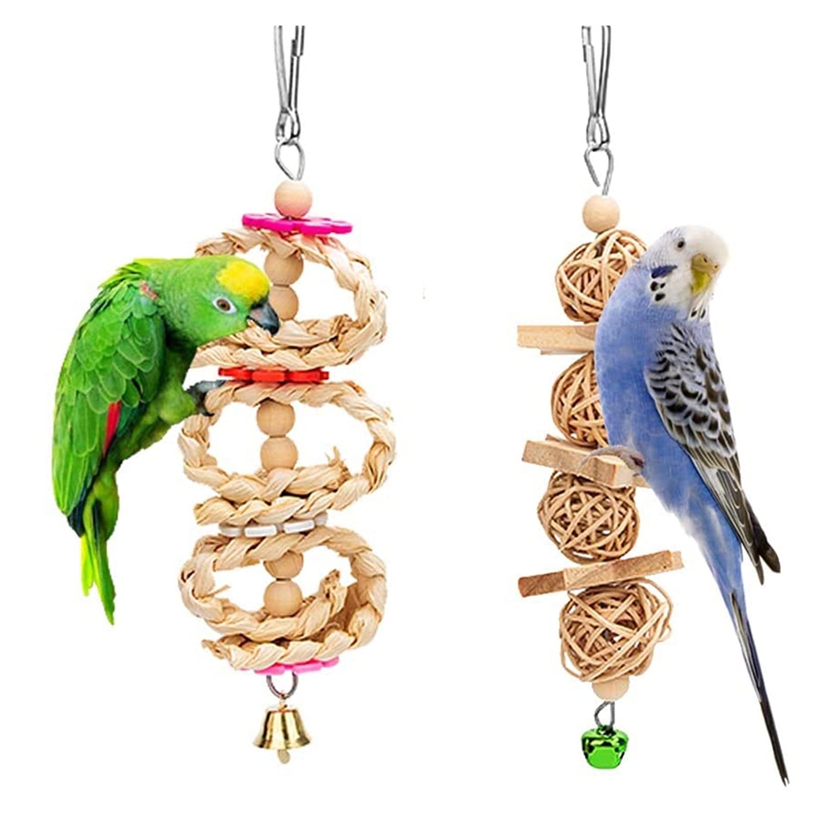 Vogelspielzeug Praktische 8 Packungen Vogel Papagei Swing Hängen Spielzeug, Natürliche Holz Bell Vogel Käfig Spielzeug für Papageien, Sittiche, Nymphensittiche, Budgie