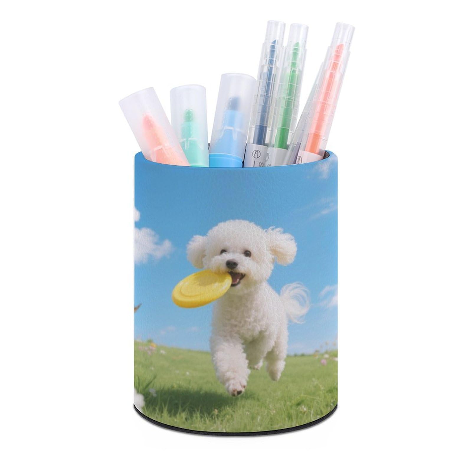 DWVTSLH Aesthetic Pen Holder for Desk - Modern Leather Pencil Holder - Stylish Round Makeup Brush Holder - Bichon Frise Dog Pen Cup Cute And Functional Desk Organizer for Office Supplies