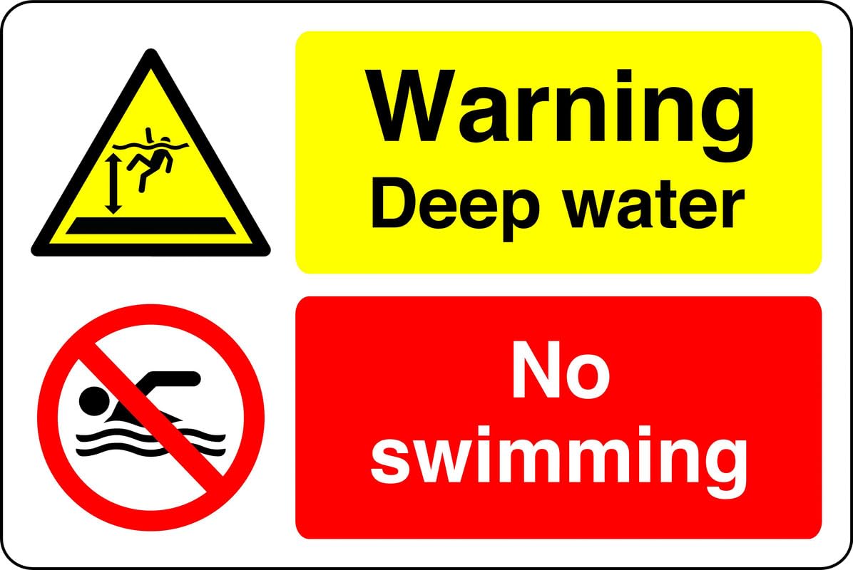 Warning deep water no swimming - no swimming, no diving, deep water, slippery- 3mm Aluminum Dibond for indoor/outdoor usage (300mm x 200mm) 7m Viewing Distance.