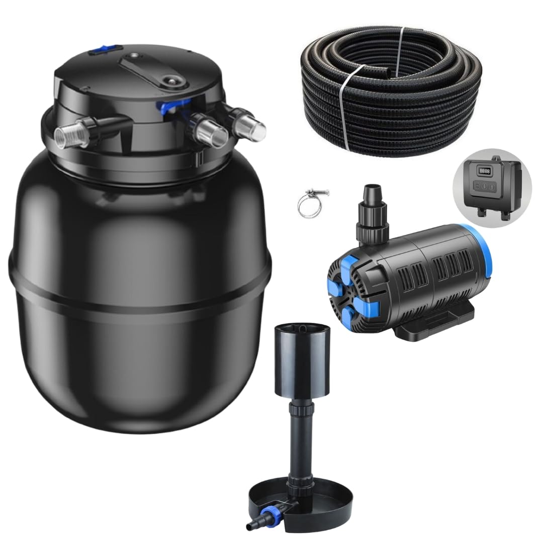 AquaOne Zestaw filtrów do oczka wodnego z pompą do stawu, pompa filtrująca CPU-50000 do stawu o pojemności do 80 000 litrów, kompletny zestaw z lampą UV, regulowana pompa Eco 37-180 W, skimmer, wąż do