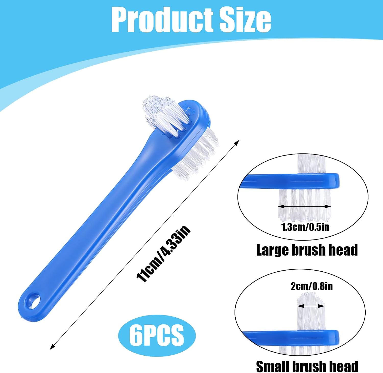 6 Pcs Denture Cleaning Brush, Portable Dual Headed Hard Bristle Denture Toothbrush, Double Sided T-Shaped Special False Teeth Toothbrush for Clear Braces Mouth Guards (Blue, Red, White)