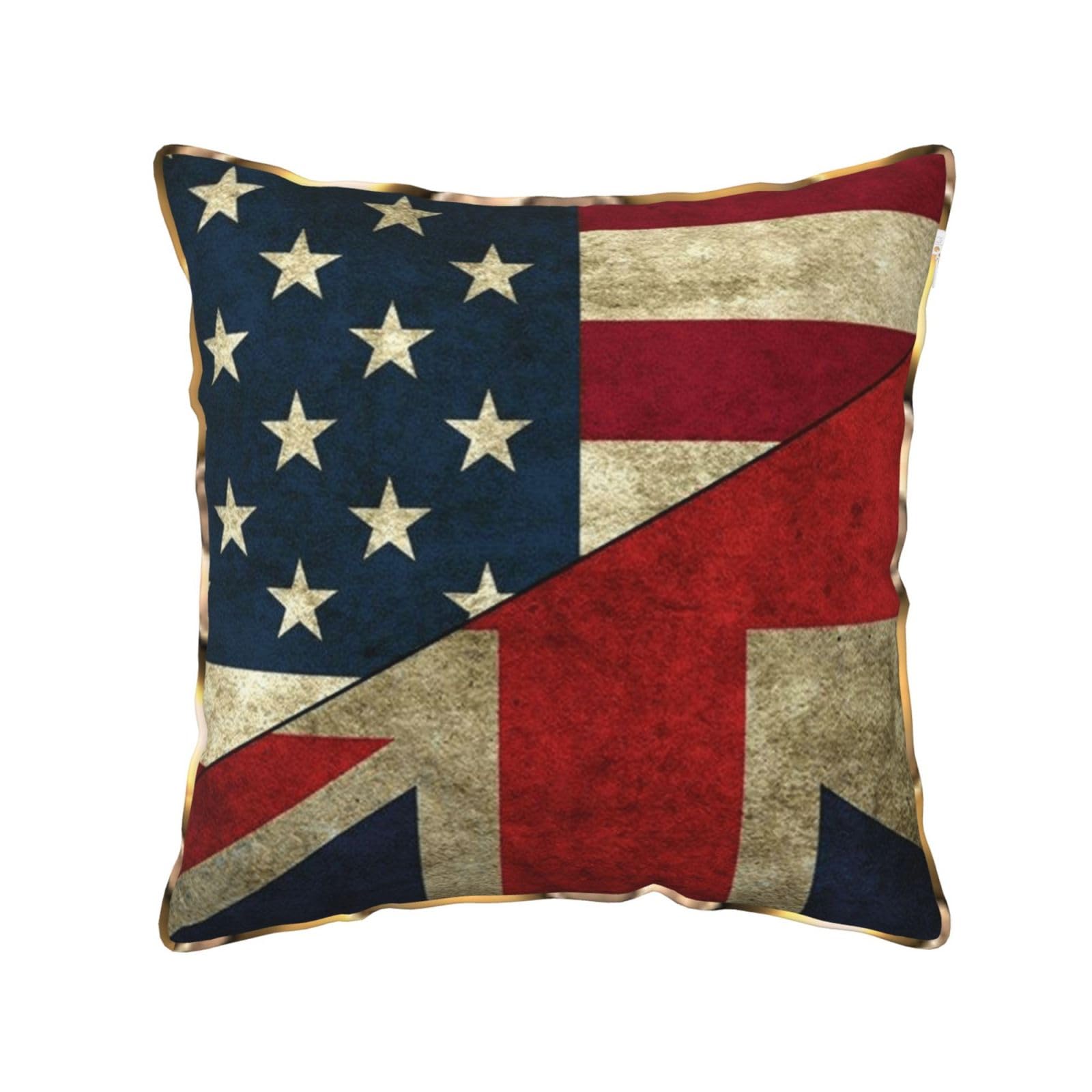 AUBKFELD USA Uk Flag Printed Velvet Cushion Cover 40x40 CM with Gold Edging Strip, Square Pillowcase Soft Throw Pillow Covers Case Decorative for Living Room Sofa Couch Bed Bench