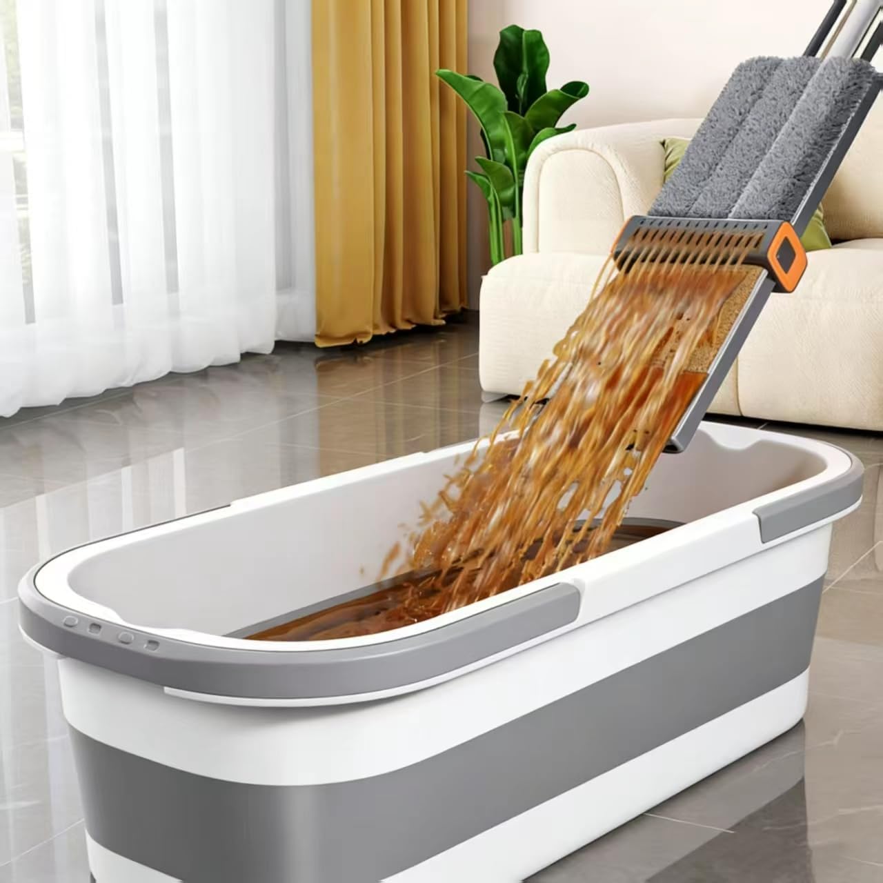 Large Flat Mop and Scalable Bucket with Wheels, 360 Rotating Microfiber Dust Mop with Dewatering Scraper, 54″ Adjustable Stainless Steel (1 Mop + 6 Microfiber Pads + 1 Bucket)