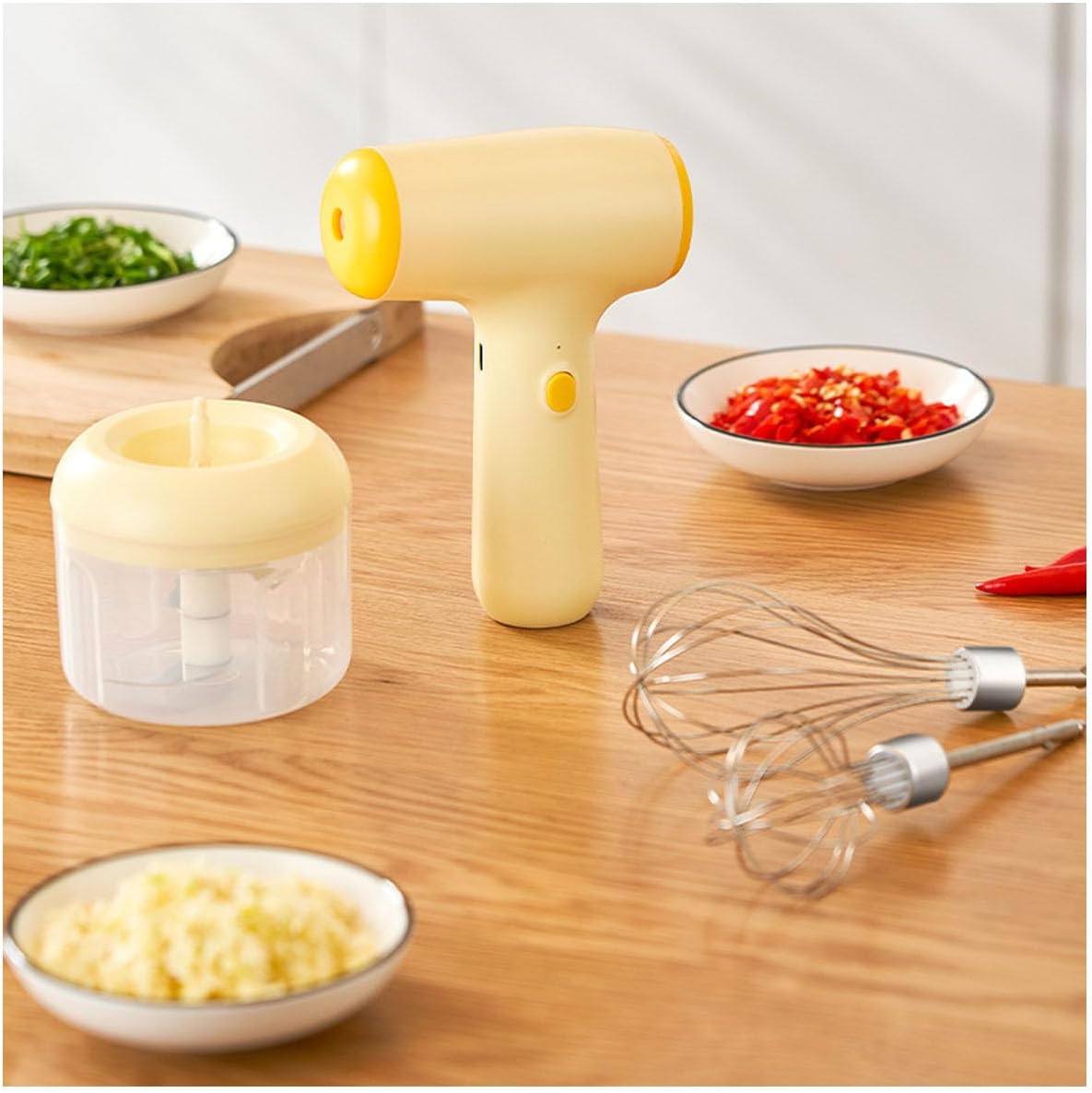 2-in-1 Handheld Electric Food Processor, Baby Food Maker, Wireless Blender with Egg And Cream Beater, Kitchen Cjopper for Baby Food, Vegetables, Meat,[a]warm yellow