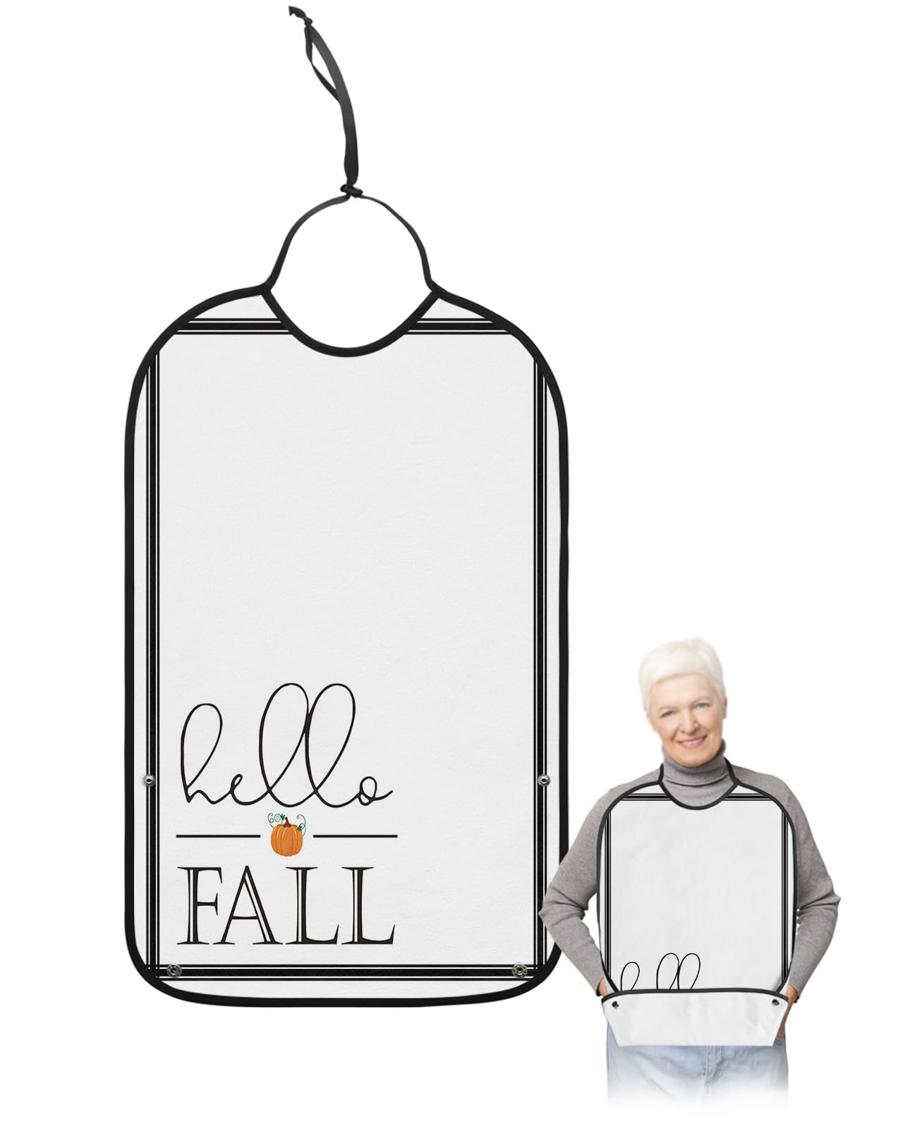 LEOKOTI Hello Fall Adult Bibs for Eating, Waterproof Bibs with Food Catcher & Adjustable Snap Closure, Autumn Pumpkin Black Board Washable Clothing Protectors Adult Bibs for Elderly Women/Men