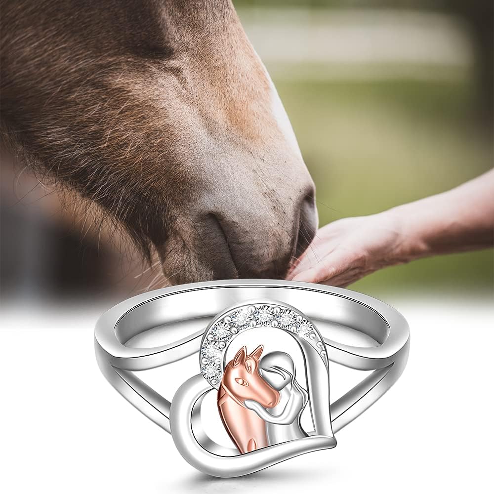 Fenthring Horse Ring for Women Sterling Silver Cute Animal Heart Horse Rings Jewelry Charms Friendship Wedding Christmas Valentines Mothers Day Gifts