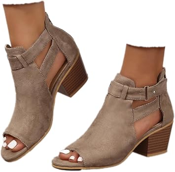 Womens Peep Toe Ankle Booties Sandals Chunky Heels Cutout Back Zipper Sandal Faux Suede Side Ankle Strap Dress Sandals