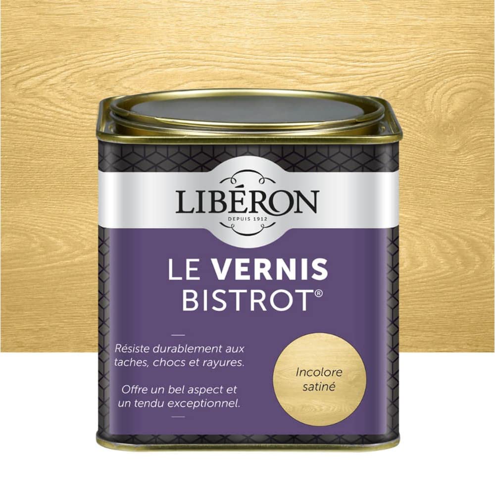 Libéron - Vernis bistrot - Vernis bois - Meubles Boiseries Objets - Très haute qualité - Anti-​taches - Anti-​chocs et rayures - Tendu bon - Incolore Satin - 0,​5L
