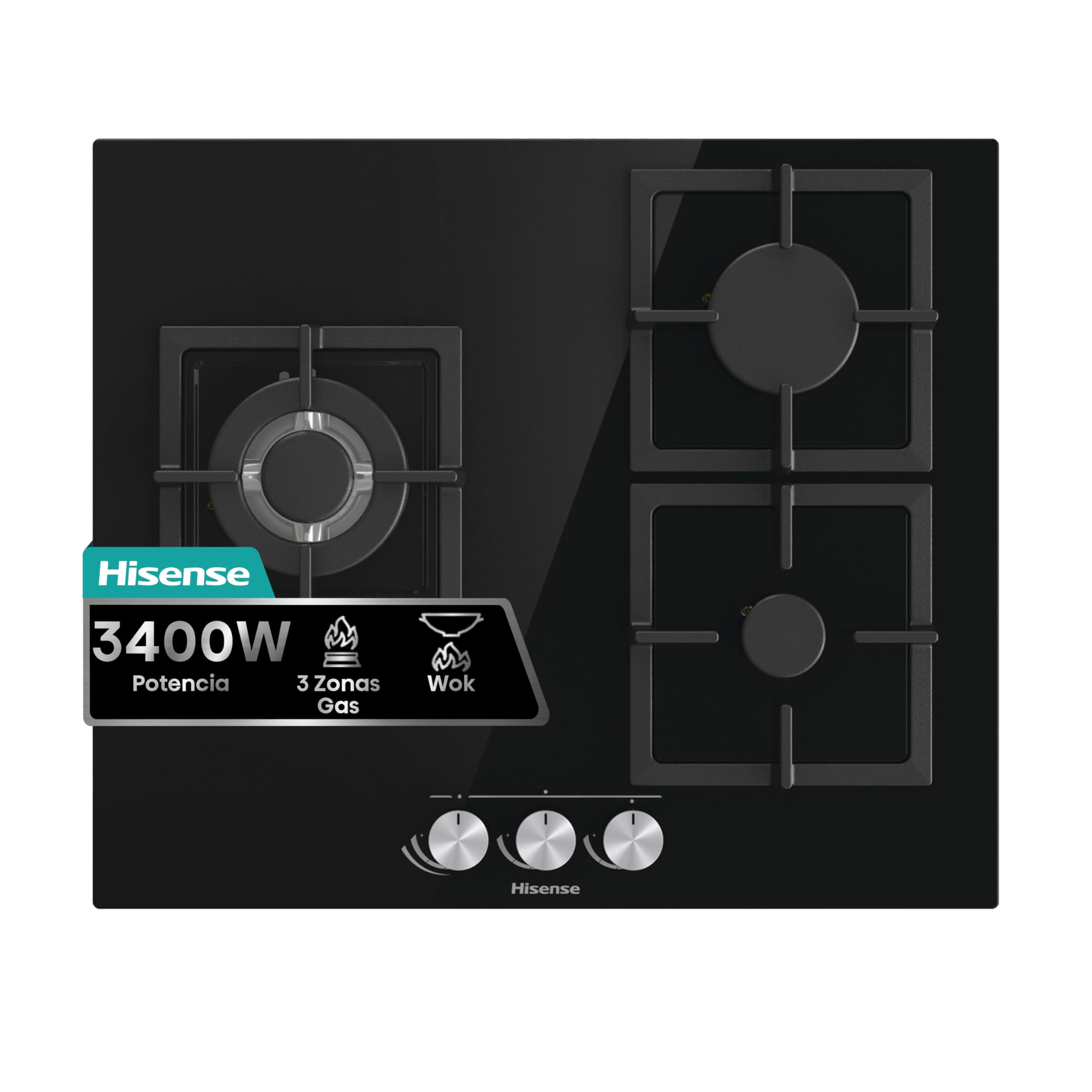 Hisense GG633B - Placa de Gas Natural, 3 Zonas, 60 cm, Parrilla de Hierro Fundido y Cristal Templado Negro, Autoencendido Integrado en los mandos, Seguridad GasStop, Fácil limpieza