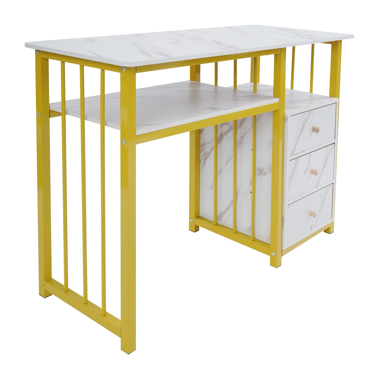 Mesa de manicura con 3 cajones, mesa de uñas multifuncional, mesa de manicura de madera, capacidad de carga de 30 kg, para salones, oficinas, salones de uñas, etc., dorado, blanco
