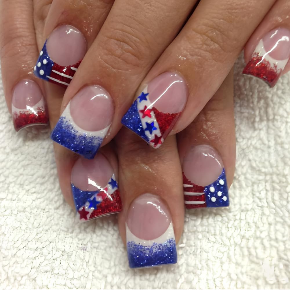 Independence Day French Tip Press on Nails Short Square Fake Nails with Blue and Red Glitter Designs Stripe French False Nails Five-Pointed Star Stick