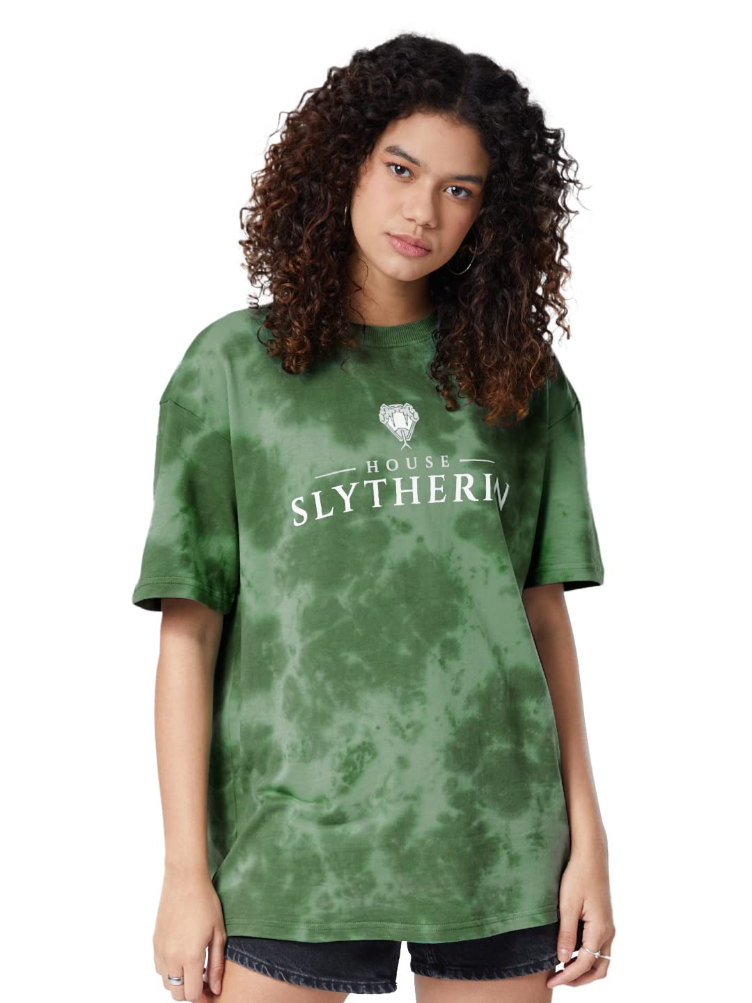 The Souled Store|Official Harry Potter: House Slytherin (Tie Dye) Women and Girls T-Shirts|Loose fit Graphic Printed| Half Sleeve|80% Cotton 20% Polyester Green Color Women Boyfriend T-Shirts