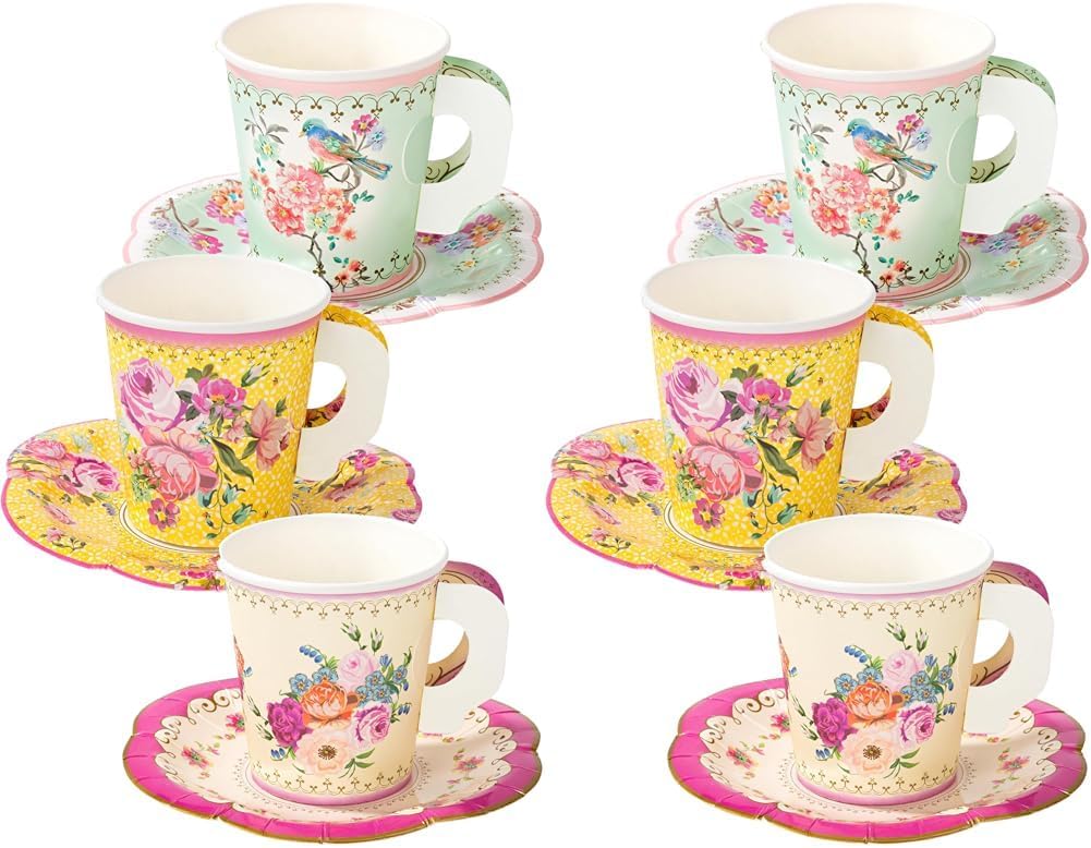 TalkingTablesVintage Floral Tea PartyPaper Cups and SaucersPack of 24Mixed Colours