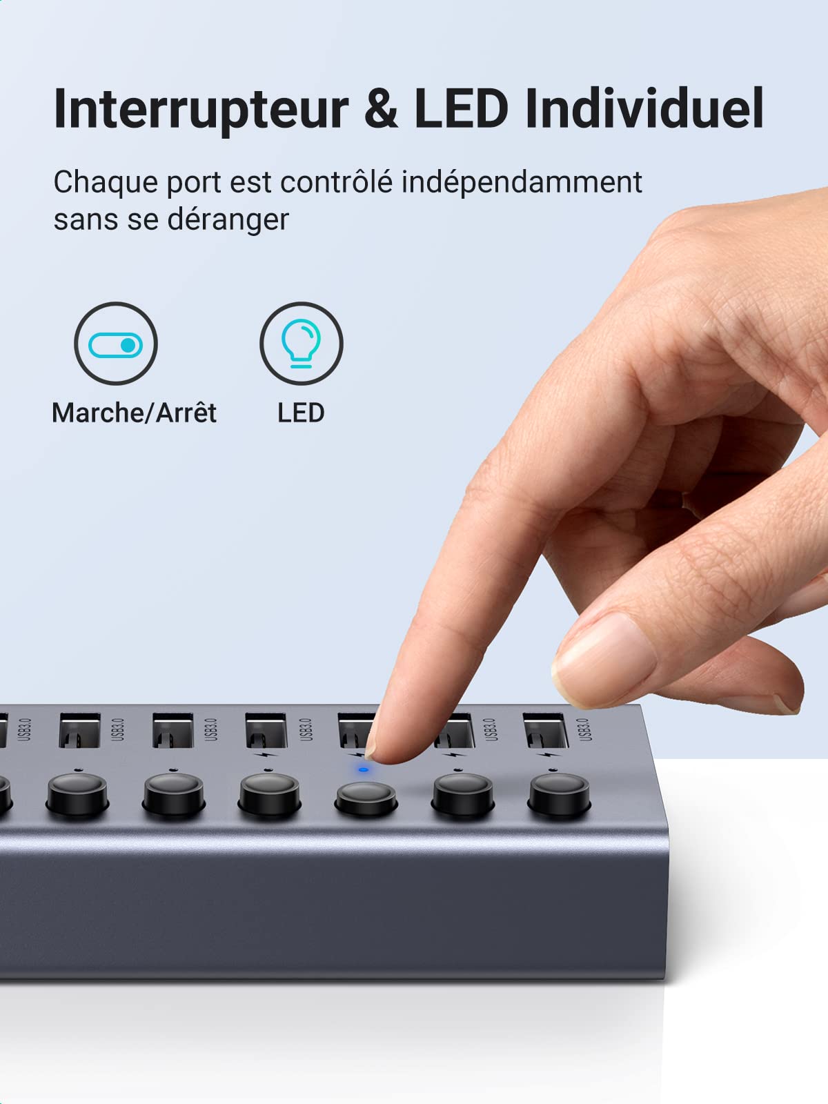 UGREEN Hub USB 3.0 Alimenté en Aluminium 7 Ports USB Hub avec Ports de Charge Interrupteur Indépendant Alimentation Externe 12V 2A Compatible avec PC PS5 PS4 Pro Slim Xbox One iMac, 1M Câble